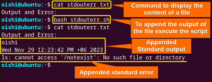 Append standard output and error to a same file