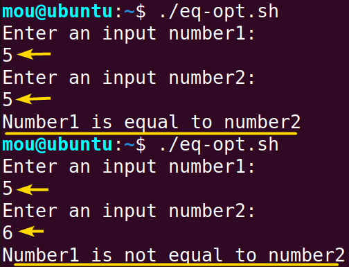 using equal to sign option to compare numbers in bash