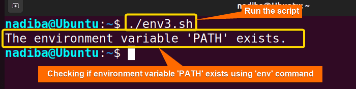 Checking if an environment variable 'PATH' exists using 'env' command