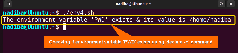 Checking if an environment variable 'PWD' exists using 'declare -p' command