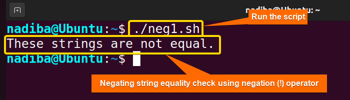 Negating string equality check using negation (!) operator