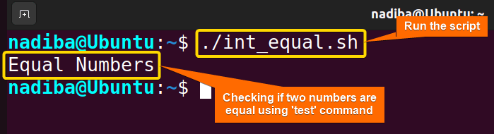 Two equal numbers checking using 'test' command