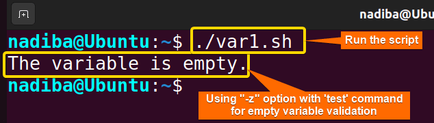 Using '-z' option with 'test' command for empty variable validation