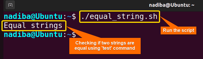 Checking if two strings are equal using 'test' command