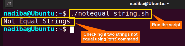 Checking if two strings not equal using 'test' command