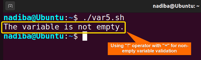 Using '!' operator with '=' for non-empty variable validation