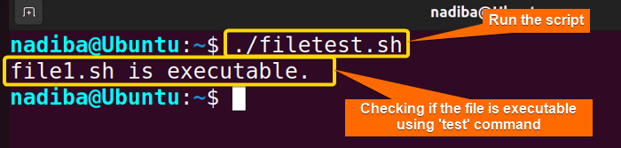 Checking if the file is executable using 'test' command