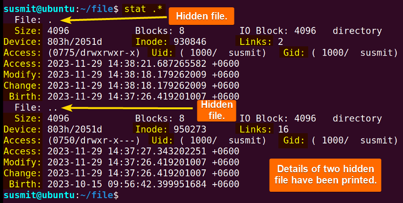The stat command has displayed all hidden files and folders.
