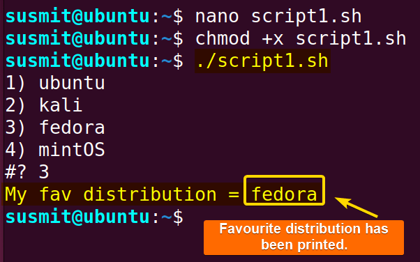 The user has selected favourite distribution from a list.