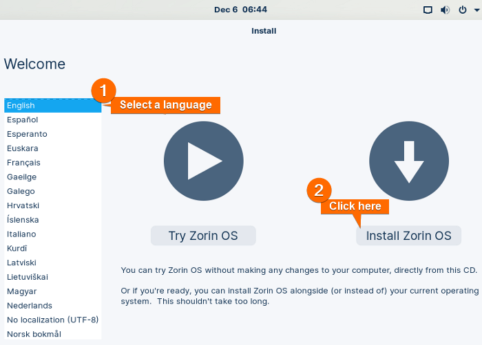  Select laguage and selct install Zorin