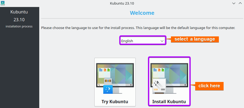 Select your preferred language and click on install Kubuntu