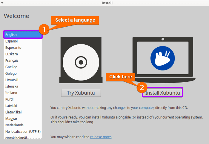 select a language and click on install Xubuntu