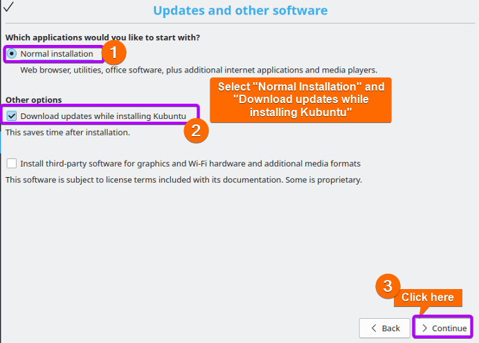 select the update and software you want to install while installing Kubuntu