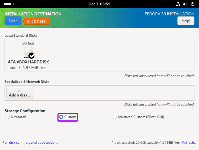 Choose custom option to partition the disk