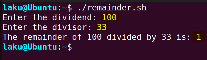 Remainder calculation using the mod operator in Bash