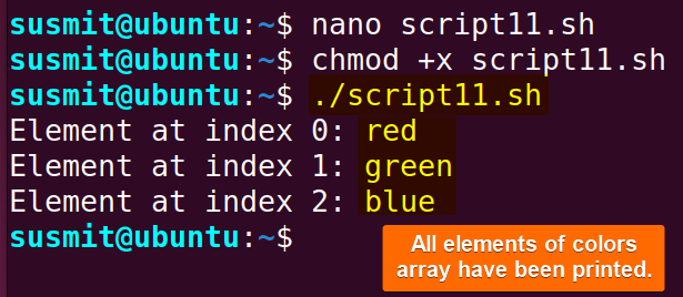 Each element of the colors array has been printed on the terminal.