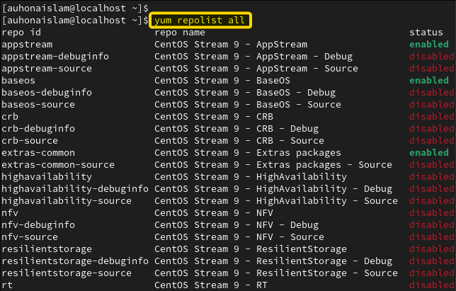 This command shows the CentOS repository list.