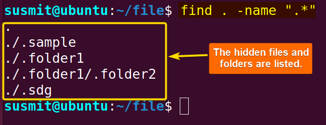 The find command has listed all hidden files and folderes.