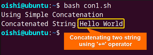 Concatenate two strings using += operator in bash string operation