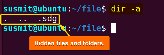 The dir command has displayed all hidden files and folders.