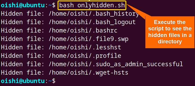 Showing the hidden files using loop in bash
