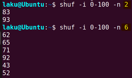 Generating multiple random numbers at a time using the shuf command in Bash