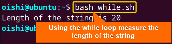 Using loop find the length of the string