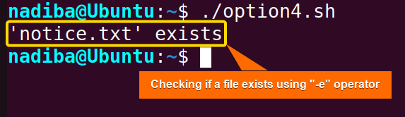 Checking if a file exists using '-e' operator in Bash