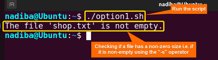 Checking if a file has a non-zero size i.e. if the file is non-empty using the '-s' operator in Bash