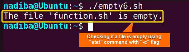 Checking if a file is empty using 'stat' command with '-c' flag in Bash