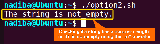 Checking if a string has a non-zero length i.e. if it is a non-empty string using the '-n' operator in Bash