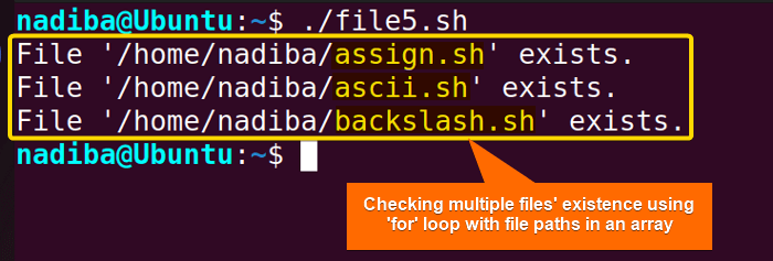 Checking if multiple files exist using 'for' loop with file paths in an array in Bash