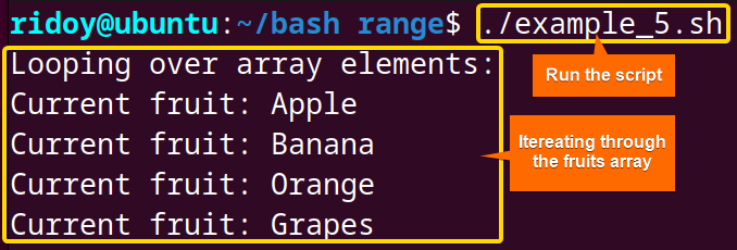 bash range is generated using array