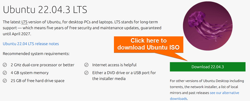 Download page of Ubuntu ISO