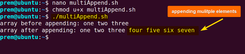 bash array append multiple elements