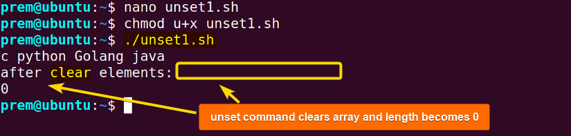 bash clear array using unset command