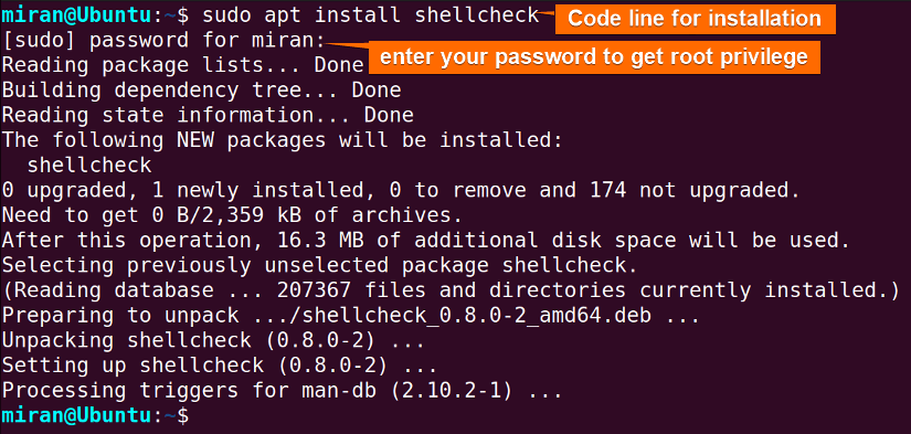 Installing shellcheck command through the terminal