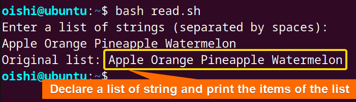 Declare and print a list of string in bash