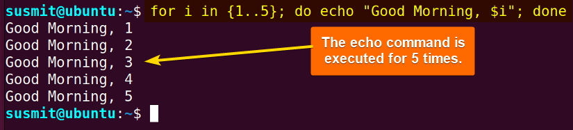 The one line bash for loop executed the echo command for 5 times.