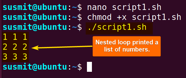 Bash nested for loop printed a list of numbers.