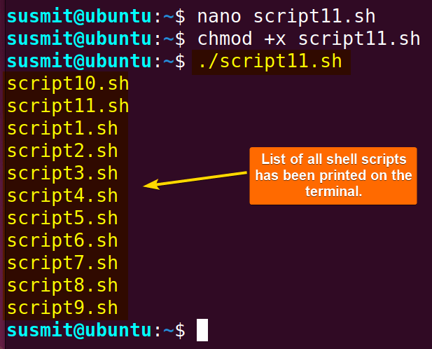 All shell scripts are listed on the terminal.