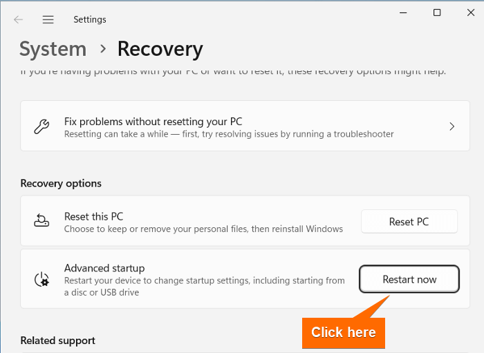 Clicking restart now from system recovery