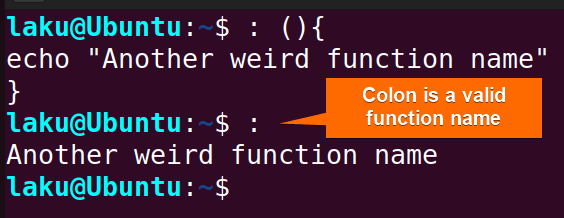 Colon as function name in Bash