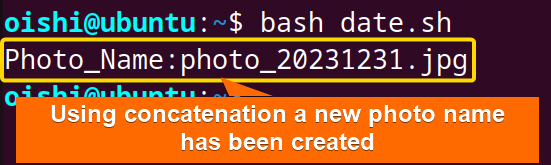 Using concatenation in bash create a photo name with date