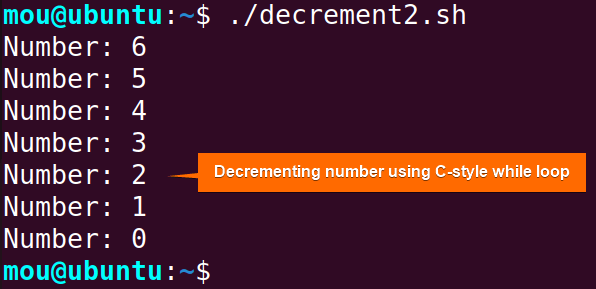 decrementing number using c-style while loop