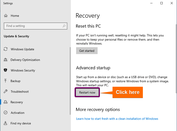 Clicking restart now from system recovery