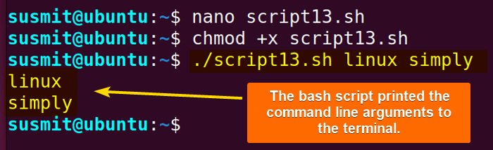 The bash script printed the command line arguments to the terminal.