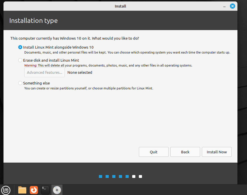 Selecting install Linux mint alongside windows 10
