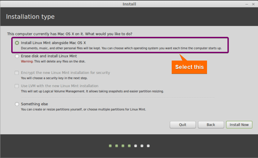 Selecting install Linux mint alongside Mac OS X