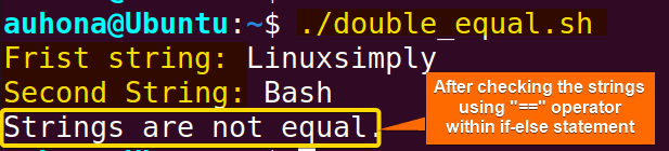 Check Bash if string equals using double equal "==" operator.